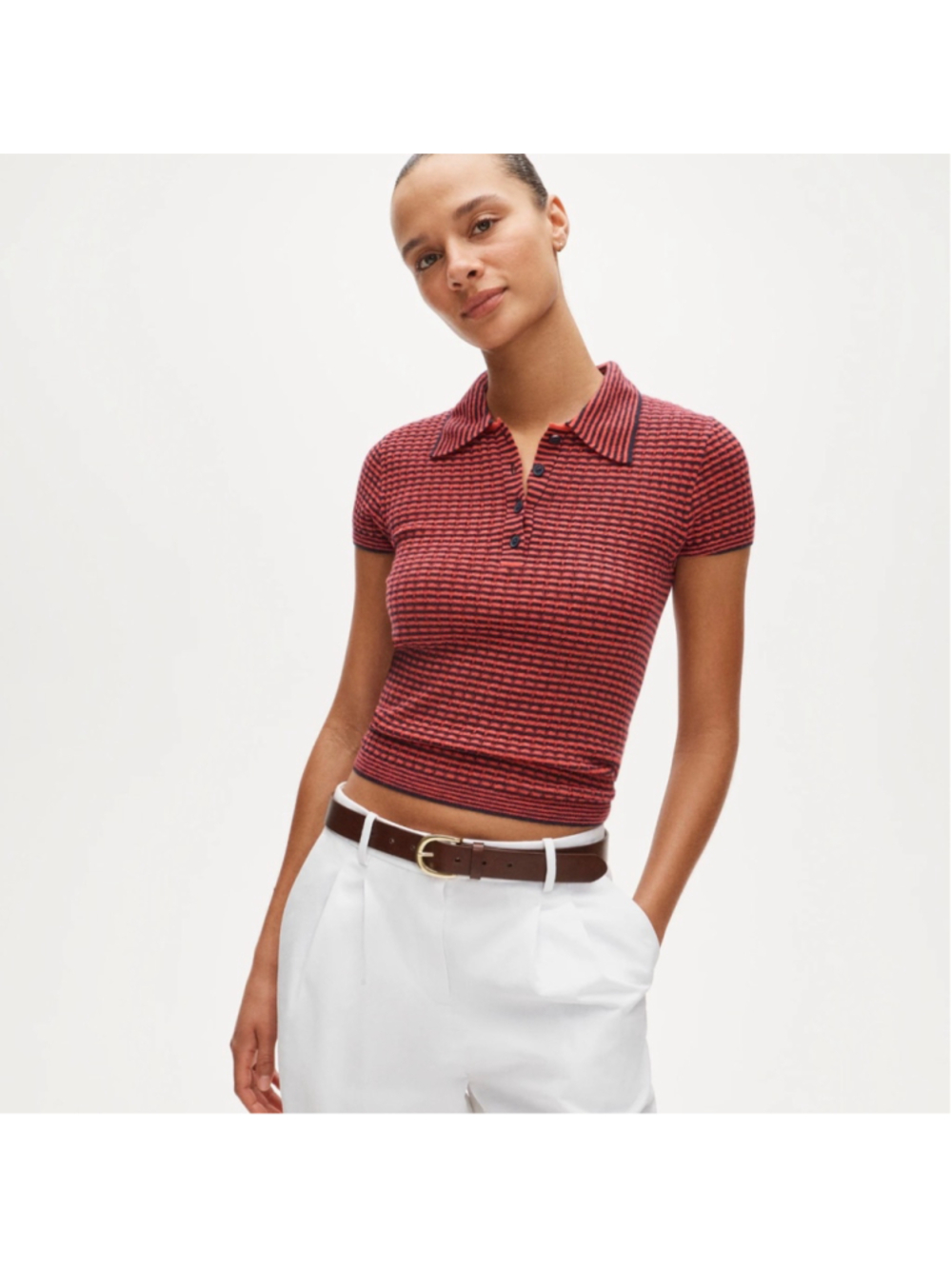 J.Crew Featherweight Ribbed Cashmere Short Sleeve Sweater Polo Stripe Red Navy